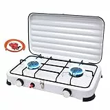 Fornello da Campeggio a Gas con 2 Fuochi, Fornelli a Gas Portatile 2,2KW con Accensione Piezoelettrica & Tubo da 150 cm e Regolatore 37 mbar, Coperchio Staccabile