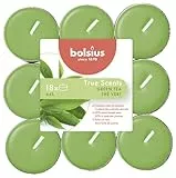 Bolsius True Scents Tealights Profumati in Aluminium Cup - Fragranza Tè Verde - Set di 18 Pezzi - Colore Verde - Lunga Durata di 4 Ore - Candele Decorative - Cera - Senza Fumo