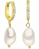 Orecchini Malahi PURELEI® (oro), Orecchini donna in acciaio inossidabile, Gioielli da donna durevoli, Orecchini pendenti con ciondolo a perla e pietre, ideali come regalo, 13 mm di diametro