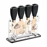 Hecef Set 5 Coltelli per Formaggio, Coltello per Formaggio con Lama in Acciao Inox Placcato in Titanio con Manico in PP, Portacoltello in Acrilico Regalo Perfetto per La Festa di Natale