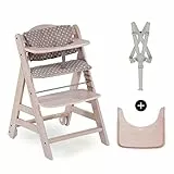 Hauck Seggiolone Pappa in Legno Beta+ - Legno Cert.FSC®, Con Cuscino, Cintura a 5 Punti, Vassoio e Ruote in Legno - Dai 6 mesi fino a 90 kg - Whitewashed