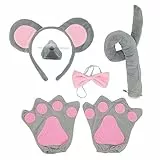 SKHAOVS 5 Pezzi Set di Costumi Topo,Set di Guanti Coda di Naso di Topo,Bandana Rosa con Papillon e Orecchio,Set di Costumi Animali,per Feste di Halloween e Cosplay Feste in Costume Halloween(5 Pezzi)