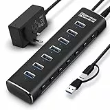 RSHTECH HUB USB 3.0 Alimentato con 7 porte Dati USB 3.2 da 10 Gbps, cavo USB-A/USB-C da 100cm, Alimentatore da 24W(12V/2A) Hub USB 3.1 Gen2, HUB USB 3.2 in Alluminio per Laptop e PC, RSH-A107