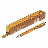 THUN - Astuccio Donna Teddy con Penna con Apertura a Giro, Decorato con Orecchie Sagomate - Set Cancelleria - Linea Teddy Friends - Ecopelle, Penna in Acciaio Inossidabile e Ottone - 16,5x2 cm