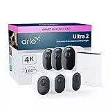 Arlo Ultra 2 Telecamera Wi-Fi Esterno Senza Fili + Base, 4K UHD, 180° Visione Notturna Colori, Sirena, Rilevamento Movimento, Audio Bidirezionale, 90 Giorni Arlo Secure Inclusi, 3 Telecamere, Bianche