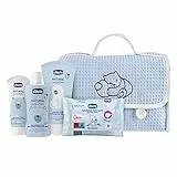 CHICCO Natural Sensation, Set per Cambio Pannolino e Bagnetto con Beauty Case in Cotone, Bagno Shampoo Senza Lacrime 200 ml, Crema Corpo 150 ml, Pasta Lenitiva 100 ml, Salviette Detergenti, Azzurro