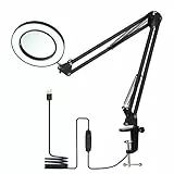 Lampada da Tavolo Flessibile a Morsetto con Lente D'ingrandimento 8X Braccio Orientabile LED Dimmerabili, 3 Modalità Colore e 10 Livelli di Luminosità Lettura Funzionante - Grande-Nero