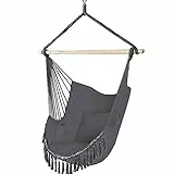 VOUNOT Poltrona Sospesa da Giardino 2 Cuscini, Sedia Amaca Altalena Macrame con Braccioli/Traversa in Legno, Portata Fino a 120 kg, per Interni Esterno Giardino, Grigio