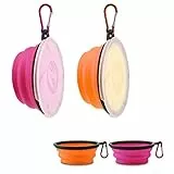 Aoliandatong 2PZ Ciotole Pieghevoli per Cani e Gatti, Ciotola Silicone per Gatti, Ciotola Cane Portatile con Coperchi e Moschettone da Viaggio e Alpinismo(450ML Rosa E Arancia)