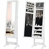 COSTWAY Specchio Portagioie a Figura Intera con 3 Angoli Inclinabile, Armadietto Portagioie da Terra, Organizer per Gioie Camera da Letto, Regali per Lei (Bianco)