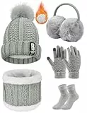 Voqeen 5 Pezzi Donne Sci Inverno Gita Set Magliere Cappello Sciarpa Touch Screen Guanti Paraorecchie Calze per Sport all'aperto Jogging Sci Escursionismo
