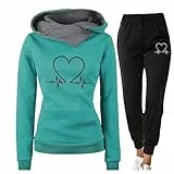 tinetill Completo Tuta Donna Completo Da Jogging Set 2 Pezzi Modello Cuore Stampa Battito Cardiaco Felpa Cappuccio Completo Felpa Vita Alta Pile Sportivo Pantalone Completo Street Style