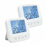 DIFCUL Igrometro Termometro Digitale, con Livello di Comfort, Monitor di Temperatura e umidità, con retroilluminazione, orologio e funzione ℃ / ℉, per Casa, Ufficio, Stanza del Bambino[2 Pezzi]