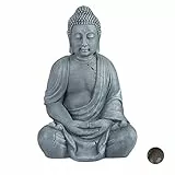 Relaxdays Statua del Buddha Seduto XL 70cm, per Giardino, Soggiorno, in Ceramica, Impermeabile Anti-Gelo Grigio Chiaro