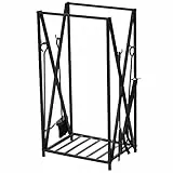 HOMCOM Portalegna da Interno ed Esterno in Acciaio, Porta Legna per Camino con Attizzatoio Paletta Scopino Pinza 46x30x76cm Nero