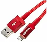 Amazon Basics Cavo di ricarica Lightning/USB-A, certificato MFi, in nylon intrecciato, per iPhone, rosso, 1,8 m