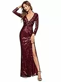 Ever-Pretty Vestiti da Sera Scollo a V Sirena Manica Lunga Paillettes Elegante con Spacco Donna Brillantini Borgogna 44