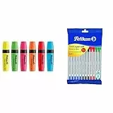 Pelikan Premium Texmarker 490 Evidenziatore, Confezione da 6 Pezzi, Misto + Penna a Sfera Stick Super Soft, Confezione Mista da 12 Pezzi, Inchiostro Scorrevole