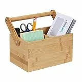 Relaxdays Desk Organizer con Manico in bambù, 4 Scomparti, Contenitore Portaoggetti Multiuso, HLP 24x26x15 cm, Naturale, Legno