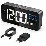 HERMIC Sveglia Digitale, Sveglia da Comodino con Temperatura, Orologio digitale con 2 Allarme, Snooze, 4 Livelli di luminosità, Controllo Vocale, USB Ricaricare, Sistema 12/24 Ore (Nero)