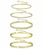JeweBella 5 Pezzi Cavigliera Donna Acciaio Inossidabile 14K Oro Placcato Regolabile Tennis Herringbone Figaro Cavigliera Bracciale Estate Spiaggia Gioielli Set per Donne Ragazze Oro/Argento
