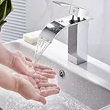 ENGINDOT Rubinetto Bagno Cascata, Miscelatore Lavabo Bagno, Ultra-Ampio 6cm Flusso & Cromatura Lucida & Universale 3/8”, Rubinetto Miscelatore Cascata da Lavandino Bagno con Valvola in Ceramica