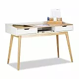 Relaxdays Scrivania, Design Scandinavo, 2 Cassetti, Tavolo da Ufficio, Legno di Pino, Bianco-Marrone, 76 x 120 x 55 cm