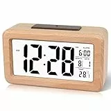 DTKID Sveglia Digitale in Legno Facile da Impostare con Temperatura, Data, retroilluminazione, Snooze, per Camera da Letto, Comodino, casa, Ufficio, Senza Tick (Marrone Chiaro)