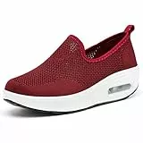 Hsyooes Scarpe da ginnastica da donna in rete, senza lacci, con plateau, casual, tonificanti, con zeppa, camminata, corsa, escursionismo, Rosso 5., 38 EU