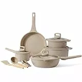 CAROTE Batteria da cucina a induzione, padella 28 cm, casseruola 20 cm/24 cm, vasetti da latte 18 cm, padella 28 cm, rivestimento antiaderente, coperchi, spatola, cucchiaio, pinze da cucina, 12 pezzi