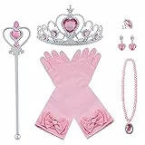 Vicloon Nuovi Costumi da Principessa 7Pcs Set Dono da Tiara, Guanti, Bacchetta Magica, Anello, orecchino, Collana da 3 a 9 Anni (Rosa)