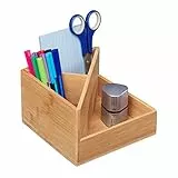 Relaxdays Portaoggetti da Scrivania, bambù, Organizer Ufficio, 3 Scomparti Portapenne, 10, 5x16,5cm, Colore Naturale, 1 pz