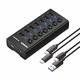 FIDECO 7 Porte USB 3.2 Gen 1 HUB Alimentato, Alluminio Hub USB con Interruttore Indipendente, HUB Adattatore con Cavo USB C-C e Cavo USB C-A, e Alimentazione a 12V 4A