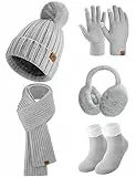 Niwicee Sciarpa Donna Invernale Cappelli Guanti Calze Set Guanti Touch Screen Invernali Winter Set Caldo Berretti Sciarpa Regalo Di Natale Plush Paraorecchie Per All'Aperto-Grigio-