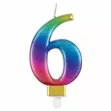 Unique- Candela di Compleanno Metallizzato-Numero 6-Arcobaleno, Rainbow, 7 centimeters, 19636