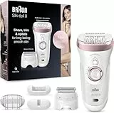 Braun Silk-épil 9 Depilatore Donna, Epilatore Elettrico Donna con Testina Radente e Rifinitore, Tecnologia MicroGrip, Cappuccio Massaggiante, Idea Regalo, SE9-725 Bianco e Rosa