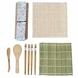 Kit Sushi 9 pezzi, Kit per Fare Sushi in Bambù, Tappetino per Arrotolare il Sushi, Include 2 Tappetini in Bambù, 4 Paia di Bacchette, 1 Spatola per Riso, 1 Spatola per Riso