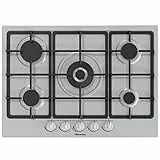 Hisense GM773XF Piano Cottura a Gas, 5 Zone di Cottura, Larghezza 70 cm, Bruciatore Wok Doppia Corona e Griglie in Ghisa, Accensione Integrata, Inox Anti Impronta