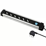 Electraline 61904 Multipresa Alu-Line 6 Posti Polivalenti, Schuko +10/16 A con Interruttore, 2 M, con Corpo in Alluminio, Spina 90° Salvaspazio 16 A con Protezione, Fissaggio a parete