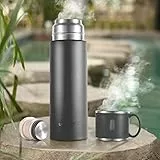 FUYO 480ml Bottiglia Termica Inox con Coperchio Tazza Acciaio Borraccia Sottovuoto a Doppia Parete Bottiglia Isotermica Senza BPA, Caldo per 10h e Il Freddo per 18h per bibite caffè e tè Caldo(Nero)