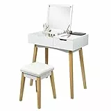 COSTWAY Toeletta con Specchio Richiudibile, Toeletta Trucco con Morbido Sgaballo e Cassetto, Stile Moderno, per Camera da Letto, Bianco