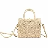 FAIRYSAN Borsa a tracolla a mano a doppio uso casual tessuto borsa piccola borsa da spiaggia tessuta in paglia quadrata, Beige, Taglia unica