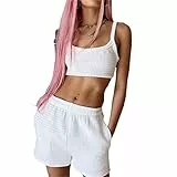 Loalirando 2 Pezzi Completo Sportivo Donna Ragazza Estivo Tuta da Ginnastica Canotta Sportiva Crop Top Senza Manica+ Pantaloncini Vita Alta con Tasche per Yoga Corso Palestra Fitness (Bianco, S)