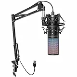 TONOR RGB Microfono USB a condensatore per PC, per streaming e gaming, Cardioide Mic per Podcast, Youtube, Registrazione,Musica, Set con Supporto a Braccio per Windos e Mac, Q9s