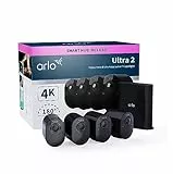 Arlo Ultra 2 Telecamera Wi-Fi Esterno Senza Fili + Base, 4K UHD, 180° Visione Notturna Colori, Sirena, Rilevamento Movimento, Audio Bidirezionale, 90 Giorni Arlo Secure Inclusi, 4 Telecamere, Nere
