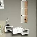[en.casa] Set da Ingresso Composto di Pannello con Specchio Diviso in 3 e Mensola da Muro con Ripiani e Cassetto - Bianco