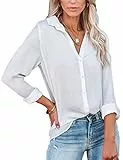 Yuson Girl Camicia Donna Camicetta da Donna con Scollo a V Casual Manica Lunga con Bottoni Colore Puro Elegante Camicie Shirt Primavera Estate Autunno Blusa Donna(Bianco, M)