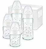 NUK First Choice + Biberon di Vetro Starter Set, 0-6 Mesi, 4 Bottiglie con Controllo della Temperatura e Scatola Porta-biberon, Valvola Anti-coliche, Senza BPA, Silicone, 5 Pezzi, Bianco