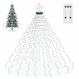 Catena di luci per albero di Natale con stelle, 410 LED, illuminazione natalizia, rete luminosa con telecomando, 2 m, luce per albero di Natale con anello per interni ed esterni, bianco freddo