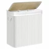 SONGMICS Cesto portabiancheria da 150 l, cestino per biancheria sporca, 3 scomparti, coperchio in bambù, maniglie, pieghevole, borsa rimovibile lavabile in lavatrice, per lavanderia, camera da letto,
